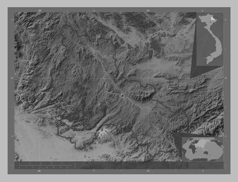 Lang Son, Vietnam. Grayscale elevation map with lakes and rivers Illustrazione stock