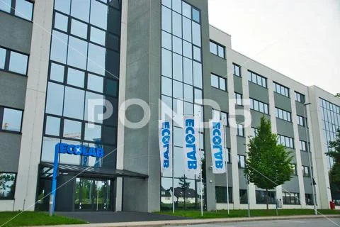 Langenfeld, Germany May 26th 2019: Waving flags at Ecolab office building Stock Photos