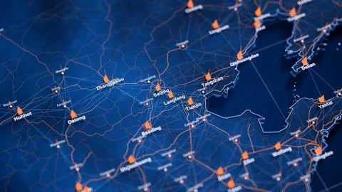 Langfang map big data visualization. Futuristic map infographic of city in China Stock Illustration