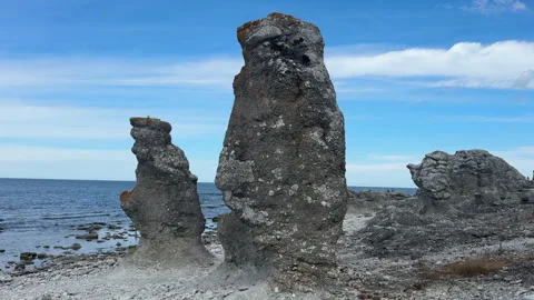 Langhammars Limestone Raukar Sea Stacks Gotland Sweden Stock Footage 344601481