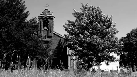Langrick Church Graveyard grass and trees swaying in wind Black and White Stock Footage 155486098