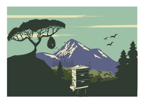 Langstroth beehive blue mountain landscape Stock Illustration