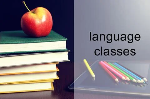 Language classes apple book stack Stock Photos