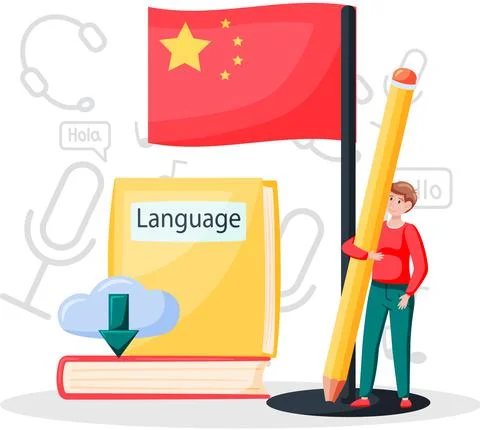 Language classes online chinese lessons. Foreign speech study at home via Illustrazione stock