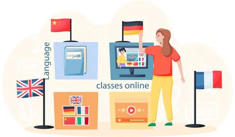 Language classes online, free tutorial. Foreign speech study at home using Illustrazione stock