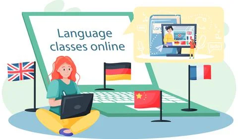Language classes online vector banner. Foreign speech study at home using Illustrazione stock