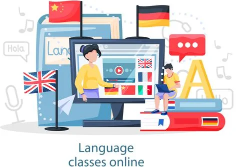 Language classes online vector banner. Foreign speech study at home using Illustrazione stock