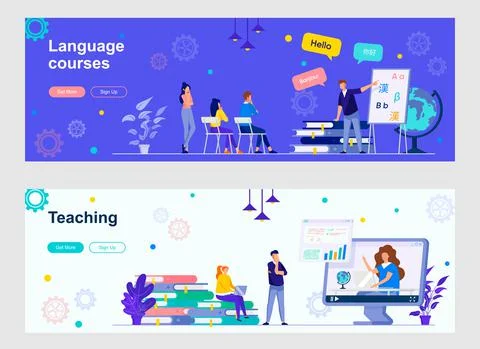 Language courses and teaching landing page with people characters. Illustrazione stock