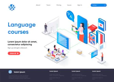 Language courses isometric landing page. Illustrazione stock
