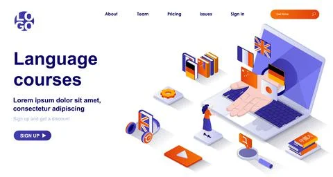 Language courses isometric landing page. Studying at language school isometry Stock Illustration