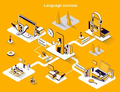 Language courses isometric web banner. Online studying, speech club, e-learni Stockillustratie