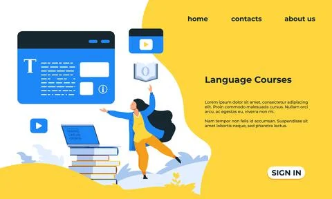 Language courses landing page. Web service for learning grammar and Illustrazione stock