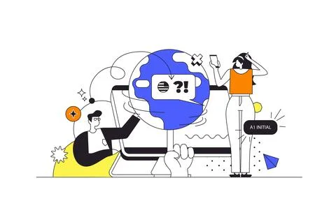 Language courses web concept in flat outline design with characters. Man an.. Stock Illustration