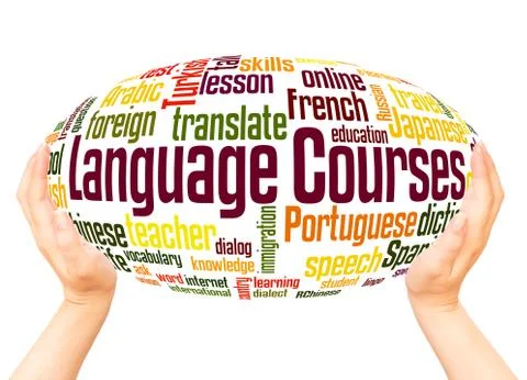 Language Courses word cloud hand sphere concept Stock Photos