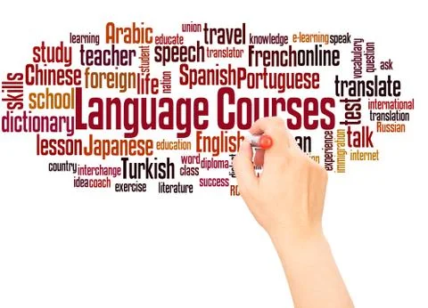 Language Courses word cloud hand writing concept Stock Photos