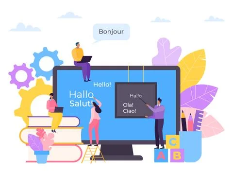 Language education online, course in computer vector illustration. Internet Stock Illustration