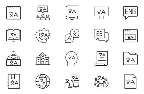 Language icon line set online global international communication dictionary.. Stock Illustration