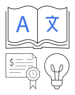 Language Learning and Certification with Open Book, Light Bulb, and Certifi.. Stock Illustration