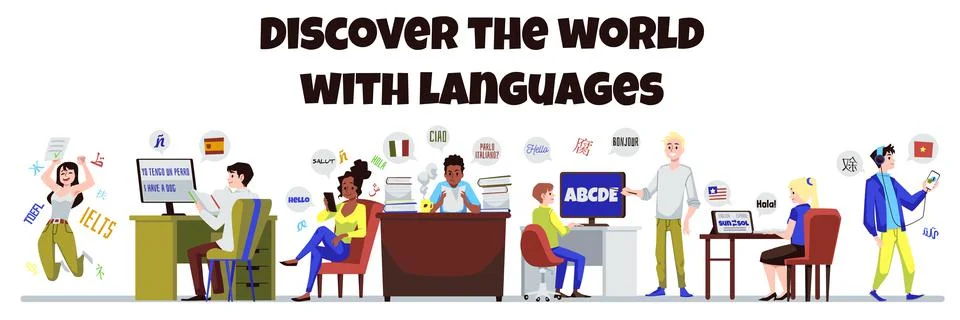 Language learning and communication banner template flat vector illustration. Stock Illustration