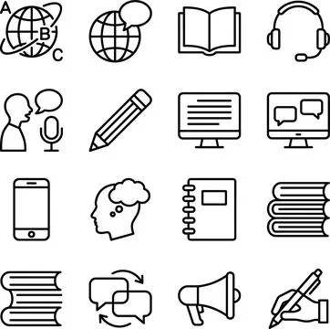 Language Learning and Communication Outline Icons Set. Illustrazione stock