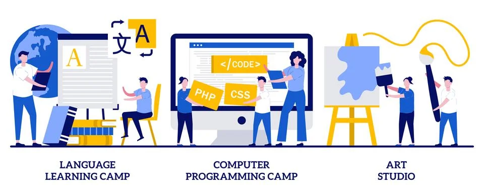 Language learning and computer programming camp, art studio concept with ti.. Stock Illustration