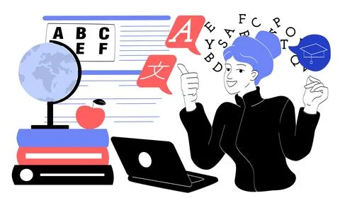 Language learning and education concept with teacher and study elements. Stock Illustration