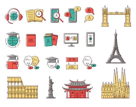 Language learning and education icon set - online translation and global Ilustração Stock