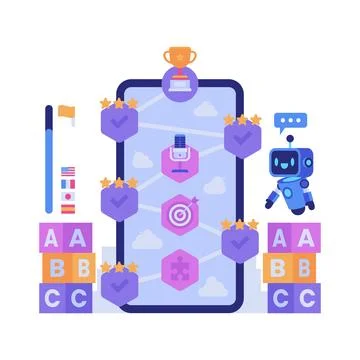 Language Learning App with AI Robot and Gamified Path Stock Illustration