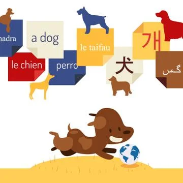 Language learning book for children, vector illustration. Foreign words for dog Stock Illustration