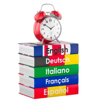 Language learning books with alarm clock. 3D rendering Stock Illustration