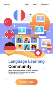Language learning community online communication multilingual video call flags Stock Illustration