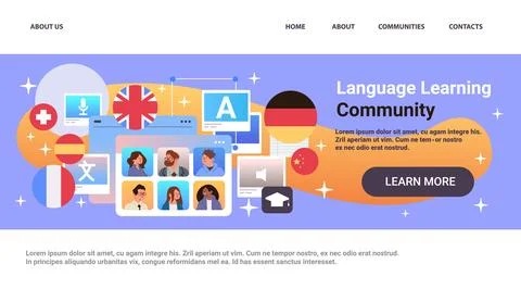 Language Learning Community online platform with international flags computer Stock Illustration