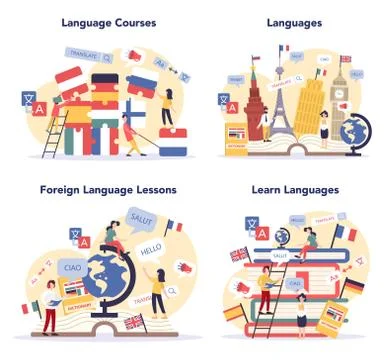 Language learning concept set. Study foreign languages with native Illustrazione stock