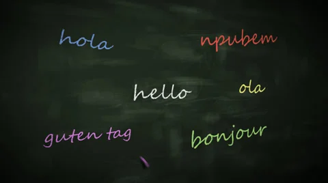 Language learning concept - word 'Hello' in different languages. Blackboard. Stock Footage 36045266