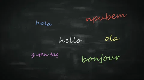 Language learning concept - word 'Hello' in different languages. Blackboard. Stock Footage 36052527