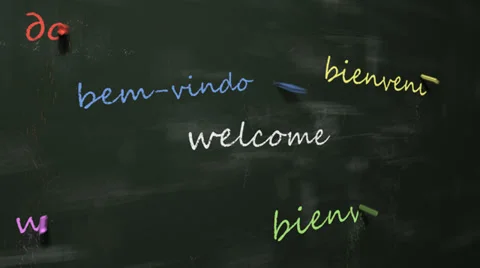 Language learning concept - word 'Welcome' in different languages. Blackboard. Stock Footage 36051542