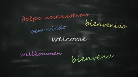Language learning concept - word 'Welcome' in different languages. Blackboard. Stock Footage 36054040
