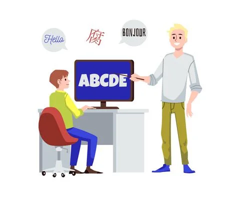 Language learning courses student and teacher flat vector illustration isolated. Illustrazione stock