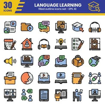 Language learning filled outline icon set. Vector illustration 스톡 일러스트