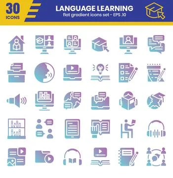 Language learning flat gradient icon set. Vector illustration Illustrazione stock