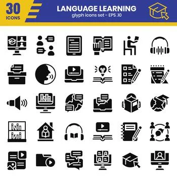 Language learning glyph icon set. Stock Illustration