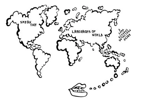 Language learning map with mouth speaking cartoon, the map is a speech bubble Stock Illustration