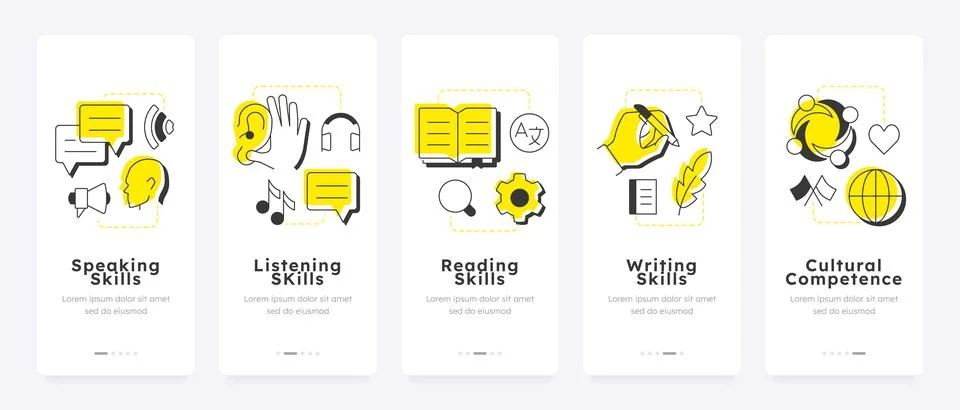 Language learning mobile app onboarding screens Stock Illustration
