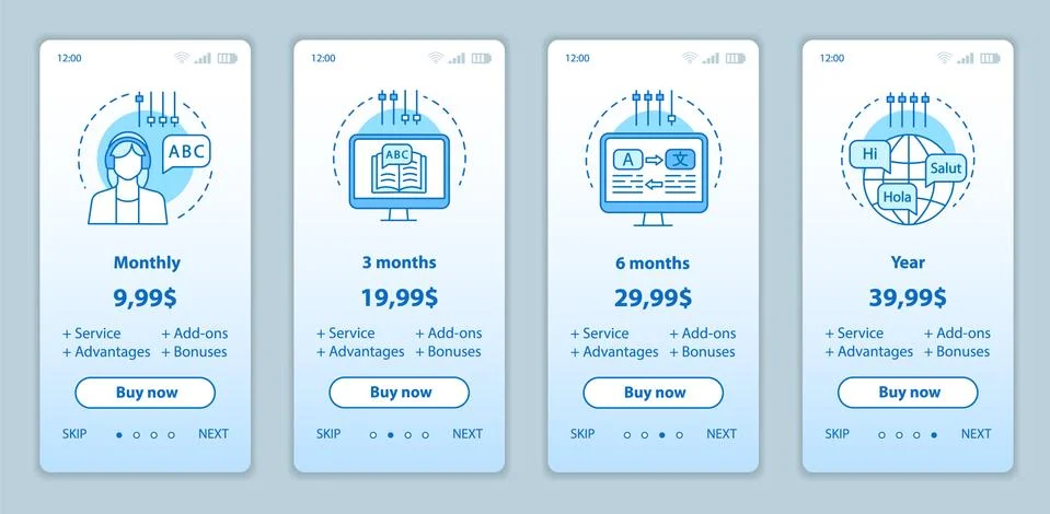 Language learning onboarding mobile app screens with service prices Stock Illustration
