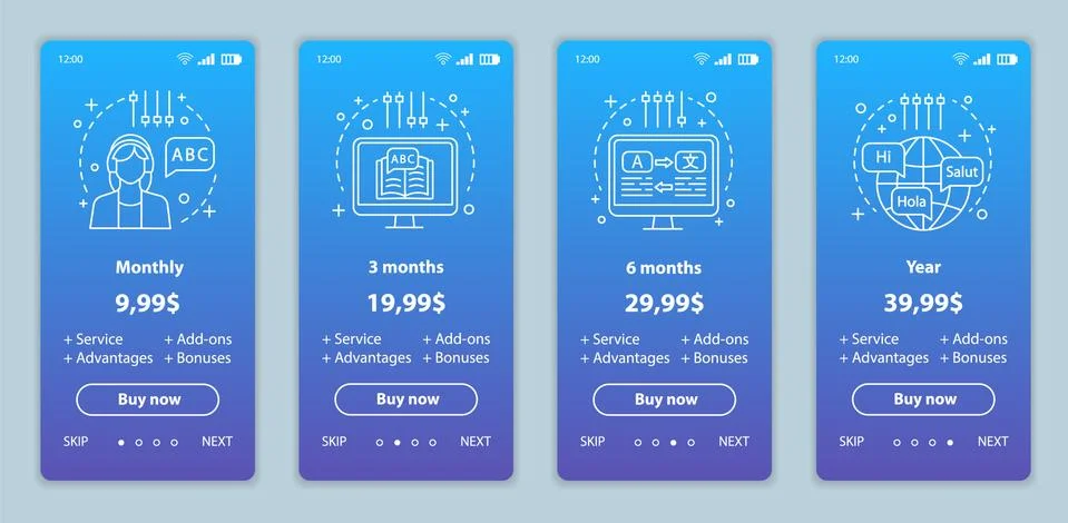 Language learning onboarding mobile app screens with service priсes Stock Illustration