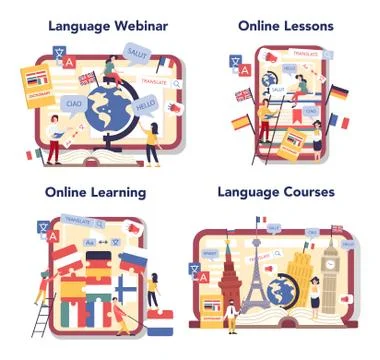 Language learning online service or platform set. Study foreign Illustrazione stock