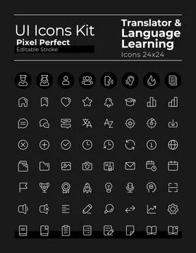Language learning pixel perfect white linear ui icons set for dark theme Stock Illustration