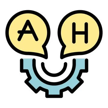Language learning process icon depicting two speech bubbles entering a gear Stock Illustration