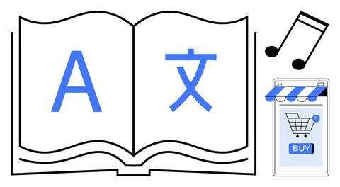 Language Learning Tools and Resources with Online Shop and Music Integration Stock Illustration