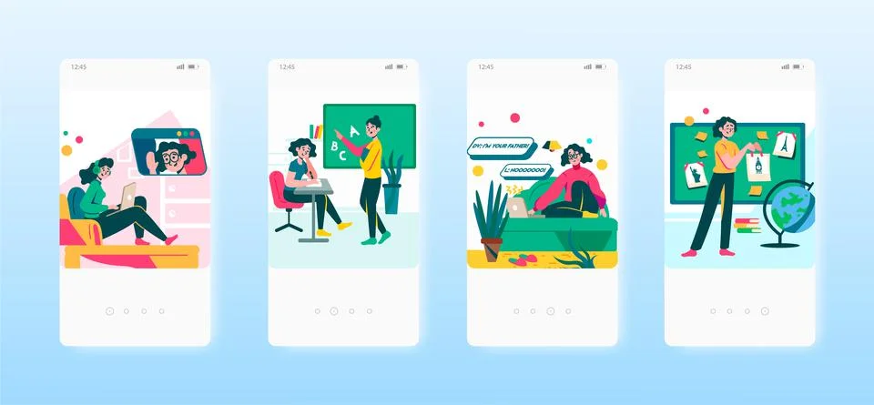 Language learning. Video call. Online education. Mobile app screens, vector Stock Illustration
